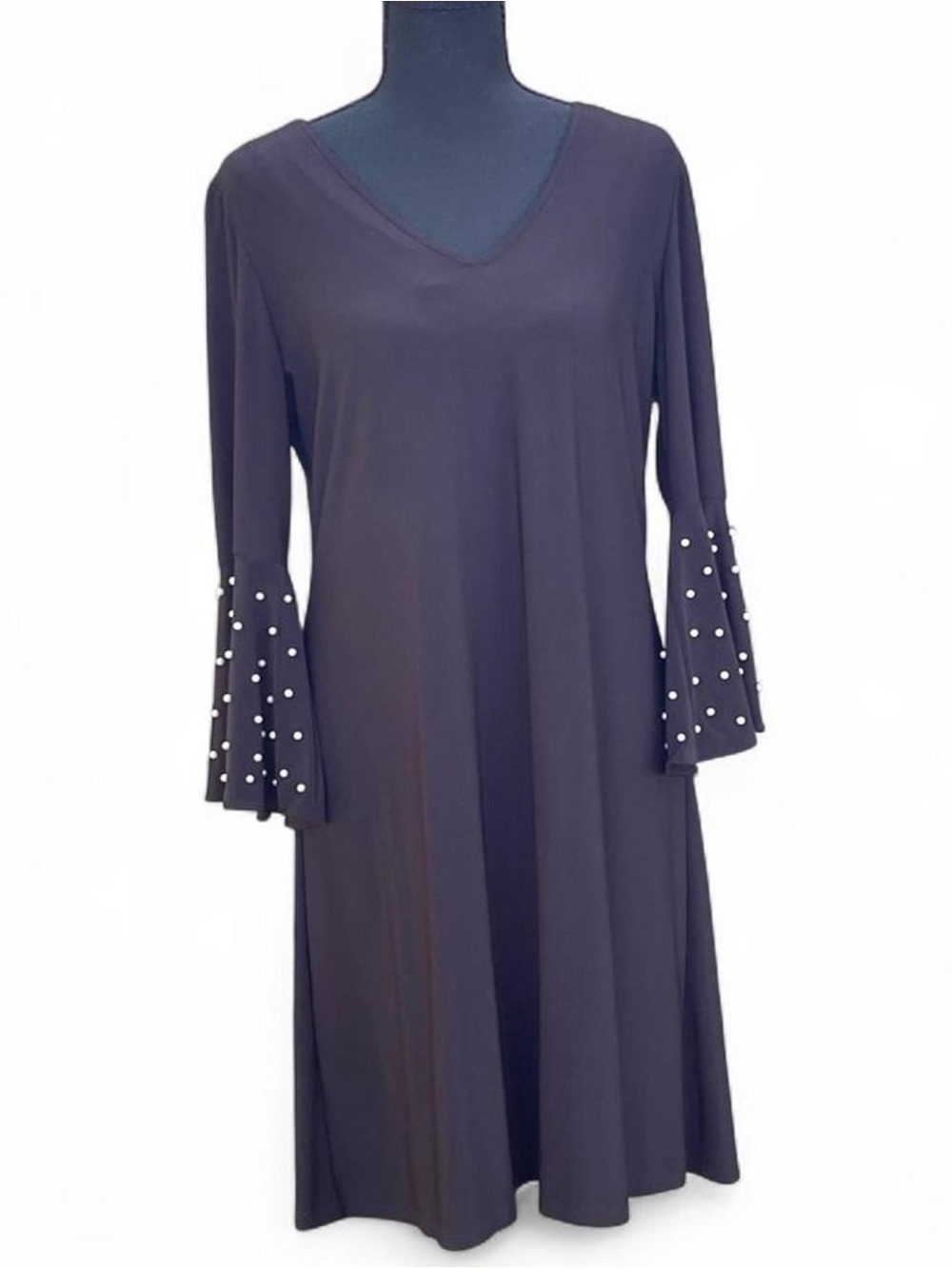V-Neck Black Dress with Pearl Bell Sleeves